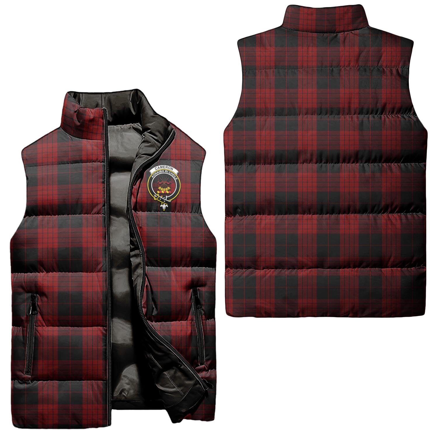 Cameron Black and Red Tartan Sleeveless Puffer Jacket with Family Crest Unisex - Tartanvibesclothing