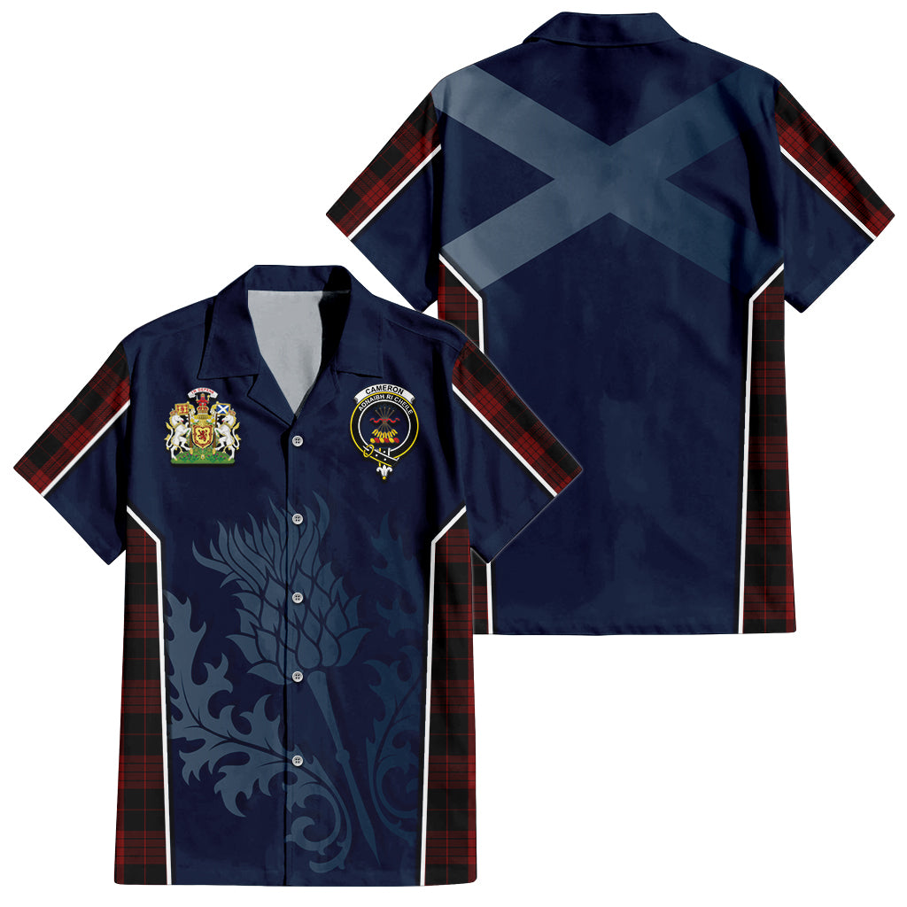 Tartan Vibes Clothing Cameron Black and Red Tartan Short Sleeve Button Up Shirt with Family Crest and Scottish Thistle Vibes Sport Style