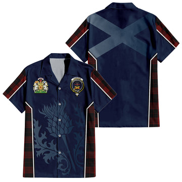 Cameron Black and Red Tartan Short Sleeve Button Up Shirt with Family Crest and Scottish Thistle Vibes Sport Style