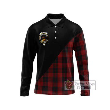 Cameron Black and Red Tartan Long Sleeve Polo Shirt with Family Crest and Military Logo Style