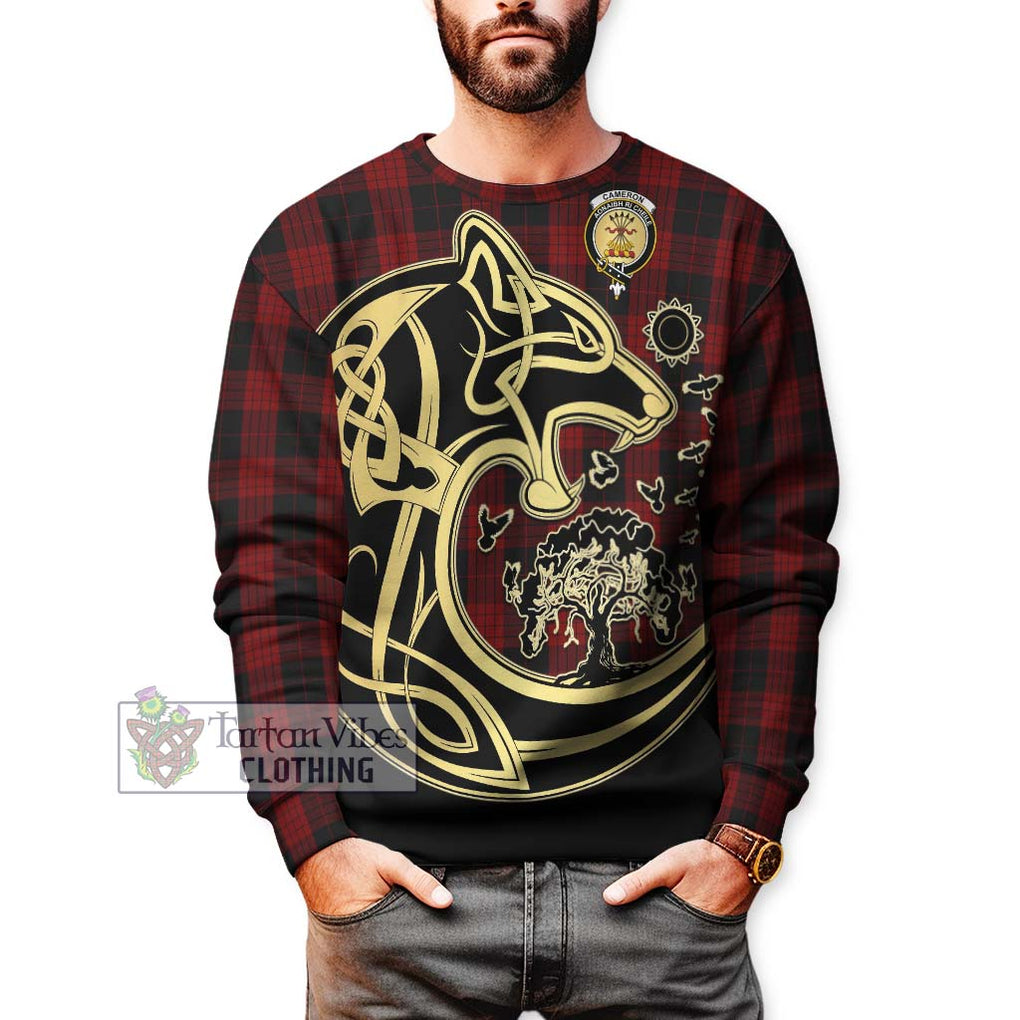 Cameron Black and Red Tartan Sweatshirt with Family Crest Celtic Wolf Style Unisex - Tartan Vibes Clothing