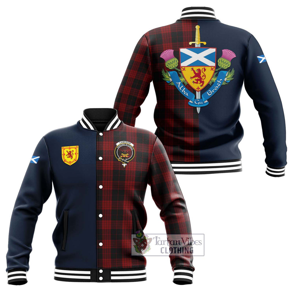 Tartan Vibes Clothing Cameron Black and Red Tartan Baseball Jacket with Scottish Lion Royal Arm Half Style