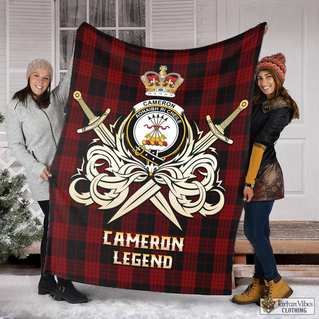 Tartan Vibes Clothing Cameron Black and Red Tartan Blanket with Clan Crest and the Golden Sword of Courageous Legacy