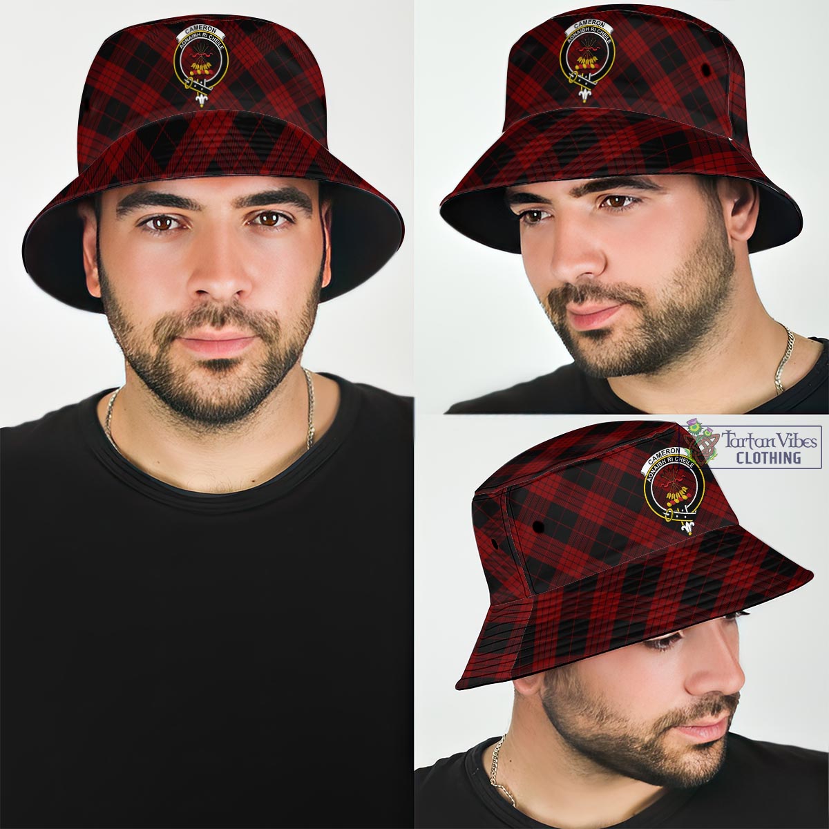 Tartan Vibes Clothing Cameron Black and Red Tartan Bucket Hat with Family Crest