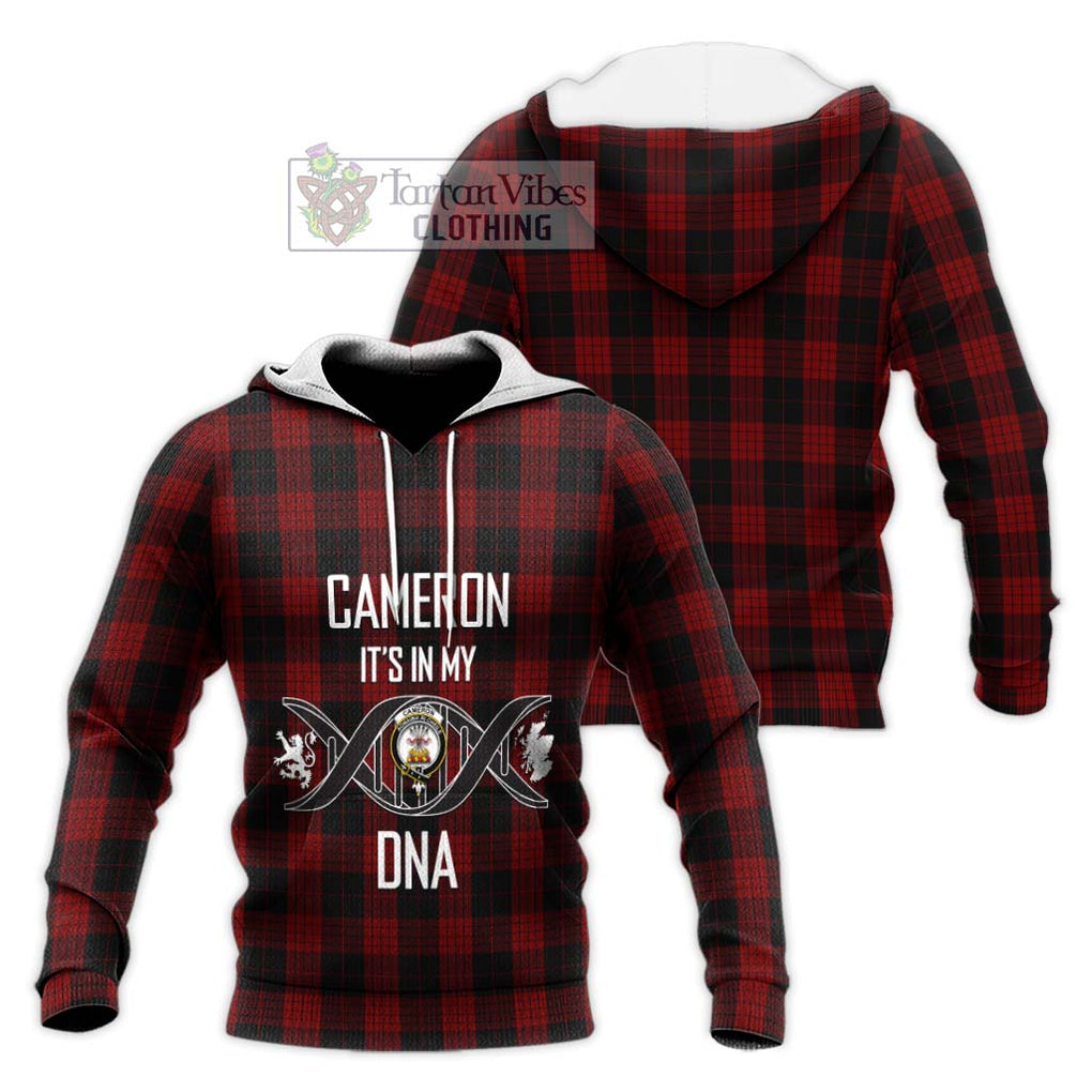 Cameron Black and Red Tartan Knitted Hoodie with Family Crest DNA In Me Style Unisex Knitted Pullover Hoodie - Tartanvibesclothing Shop