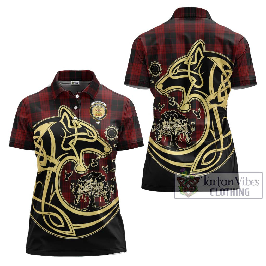 Cameron Black and Red Tartan Women's Polo Shirt with Family Crest Celtic Wolf Style Women - Tartanvibesclothing Shop