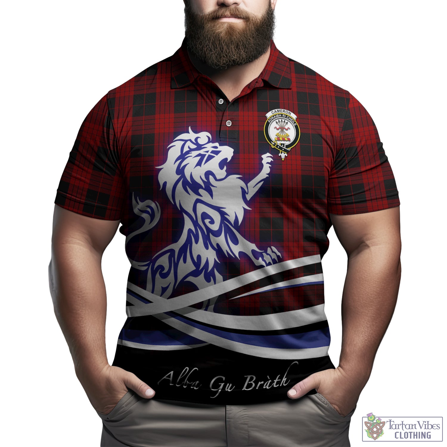 cameron-black-and-red-tartan-polo-shirt-with-alba-gu-brath-regal-lion-emblem