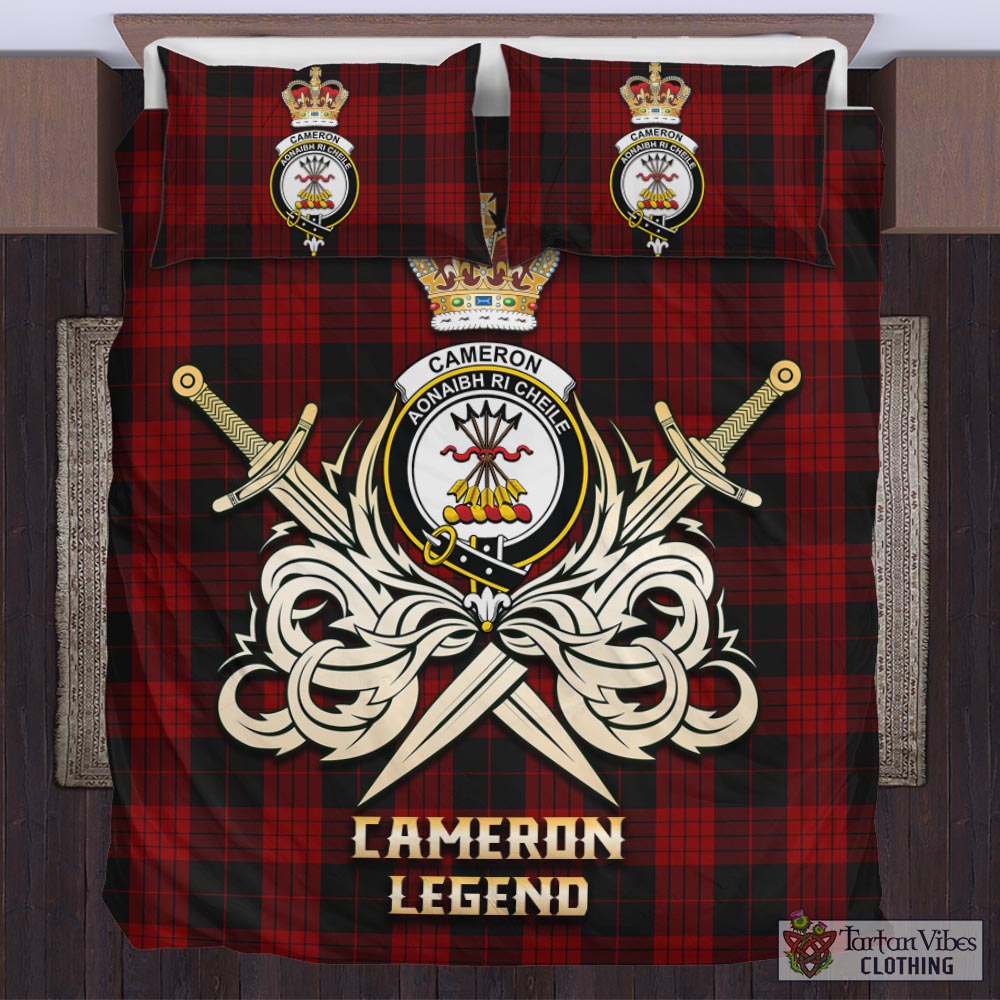 Tartan Vibes Clothing Cameron Black and Red Tartan Bedding Set with Clan Crest and the Golden Sword of Courageous Legacy