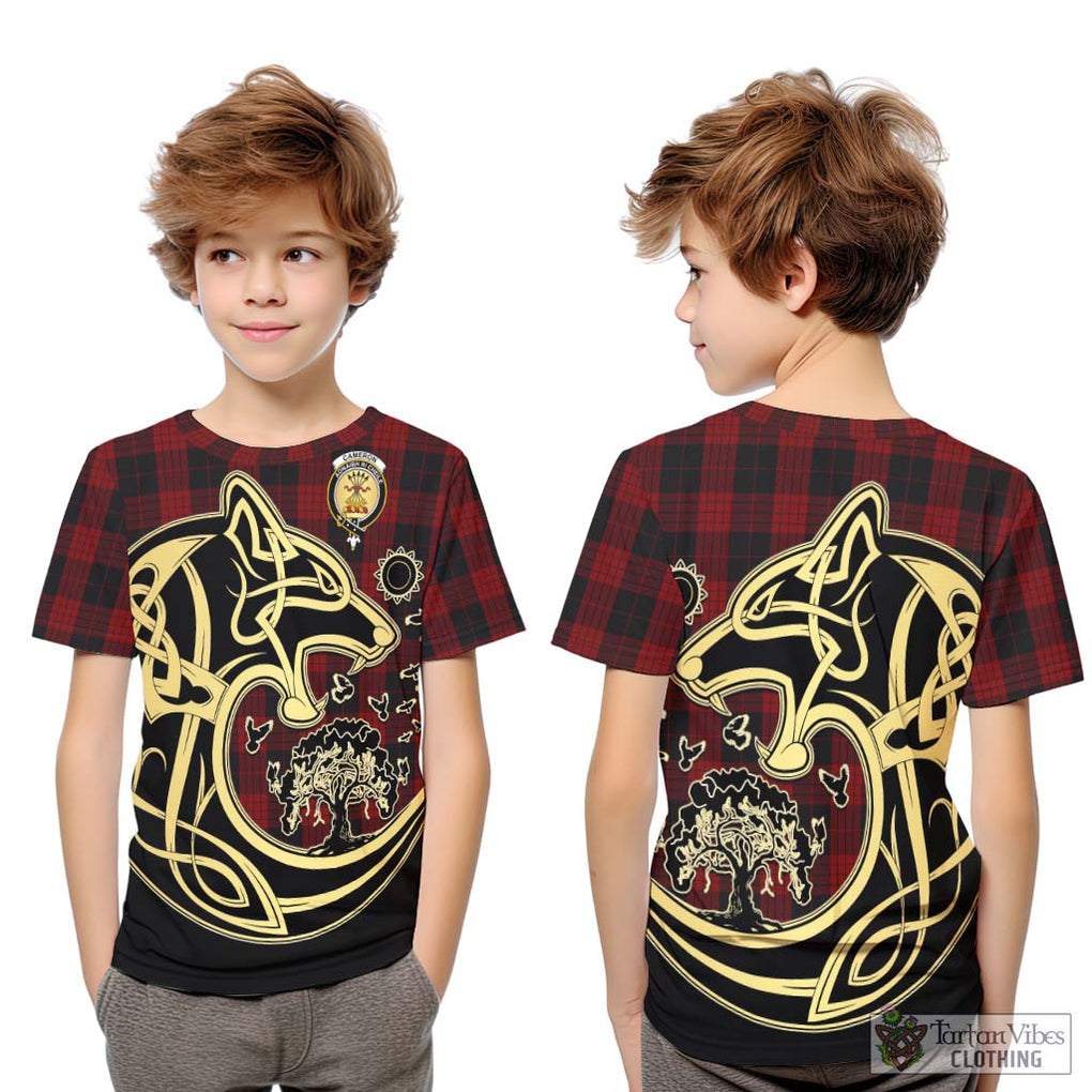 Cameron Black and Red Tartan Kid T-Shirt with Family Crest Celtic Wolf Style Youth XL Size14 - Tartan Vibes Clothing