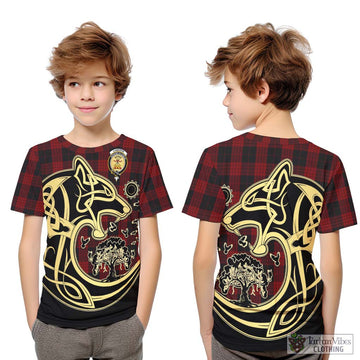 Cameron Black and Red Tartan Kid T-Shirt with Family Crest Celtic Wolf Style