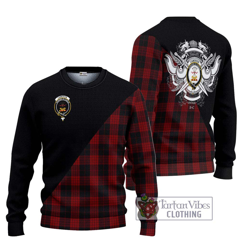 Cameron Black and Red Tartan Knitted Sweater with Family Crest and Military Logo Style Unisex - Tartanvibesclothing Shop