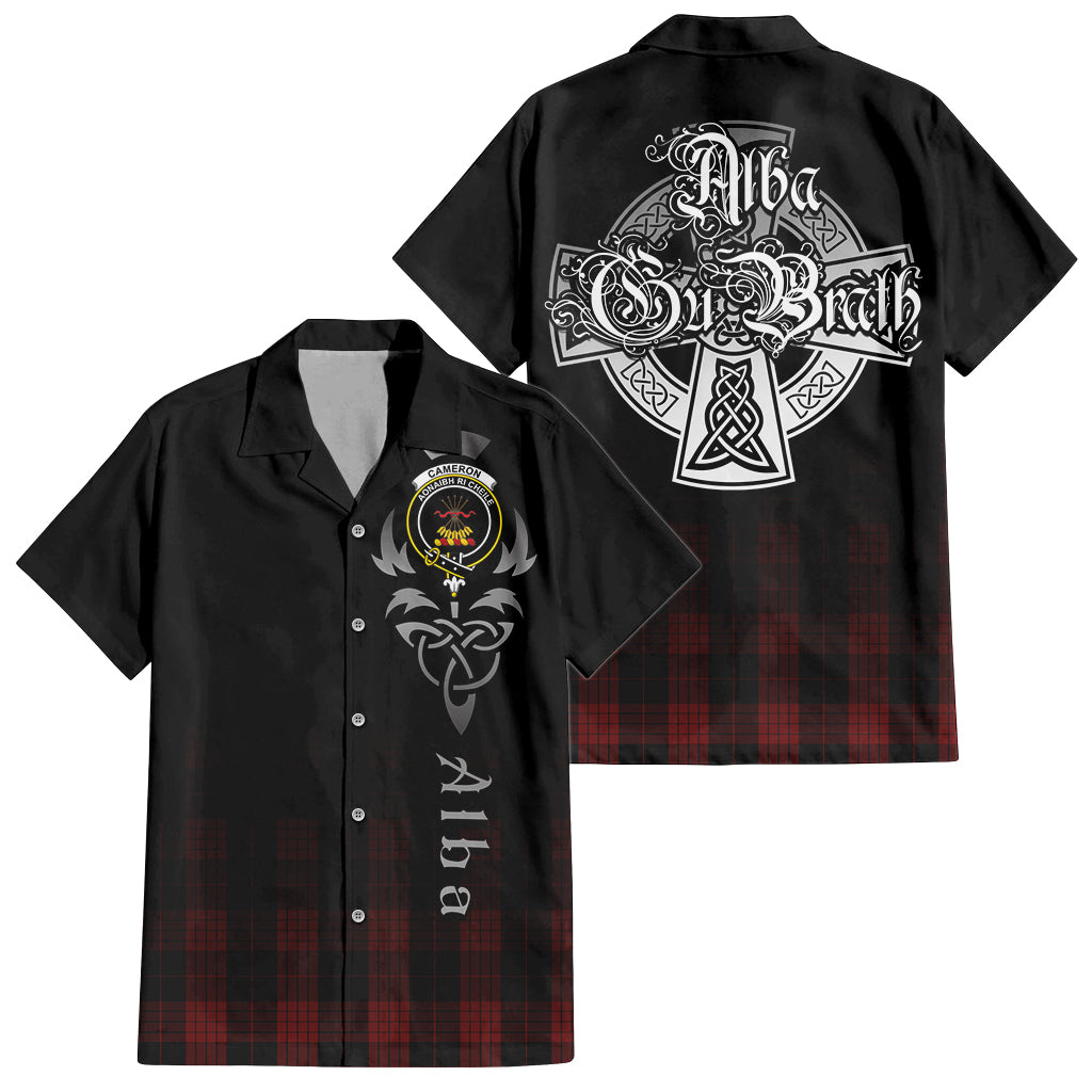 Tartan Vibes Clothing Cameron Black and Red Tartan Short Sleeve Button Up Featuring Alba Gu Brath Family Crest Celtic Inspired