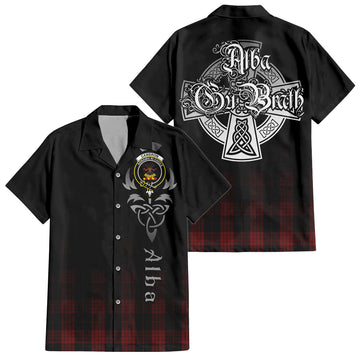 Cameron Black and Red Tartan Short Sleeve Button Up Shirt Featuring Alba Gu Brath Family Crest Celtic Inspired