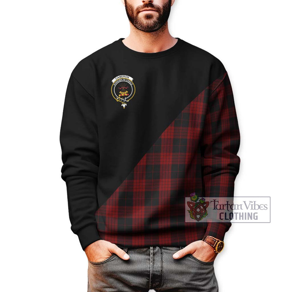 Cameron Black and Red Tartan Sweatshirt with Family Crest and Military Logo Style Unisex - Tartanvibesclothing Shop