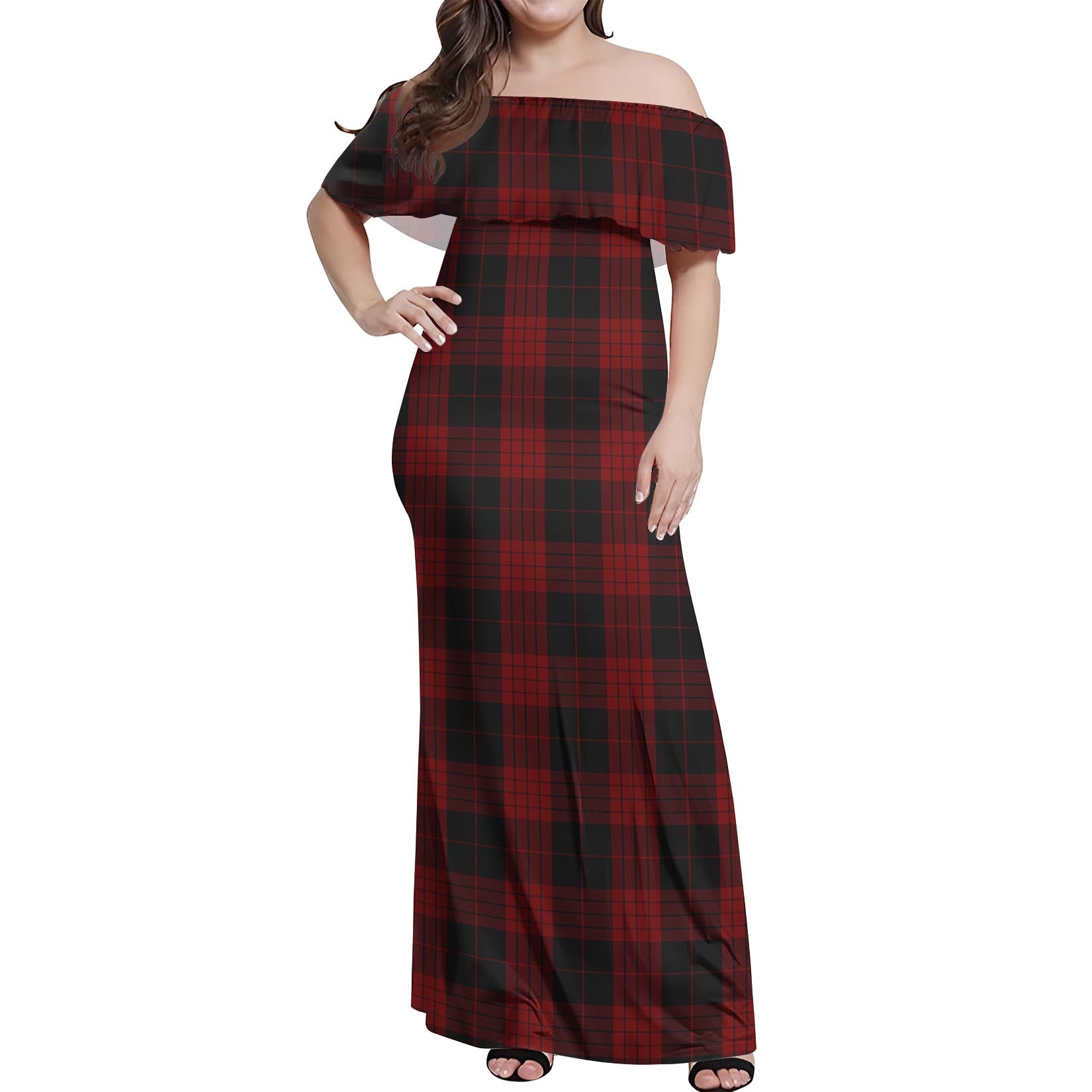 Cameron Black and Red Tartan Off Shoulder Long Dress Women's Dress - Tartanvibesclothing