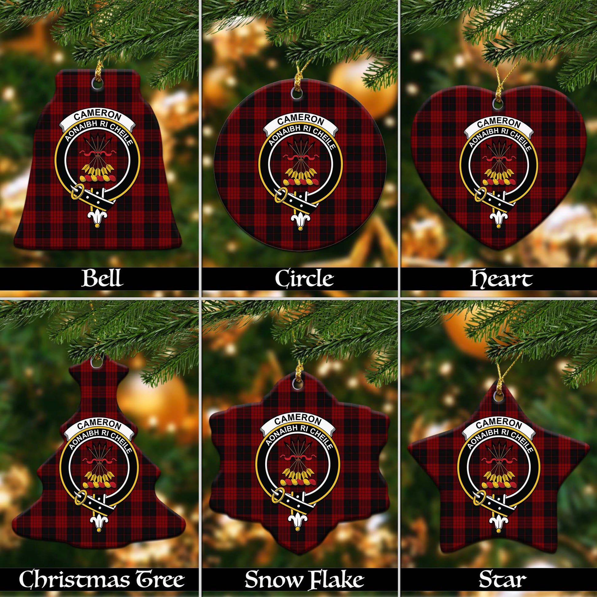 Cameron Black and Red Tartan Christmas Ornaments with Family Crest Ceramic Bell Pack 1: ornament * 1 piece - Tartanvibesclothing