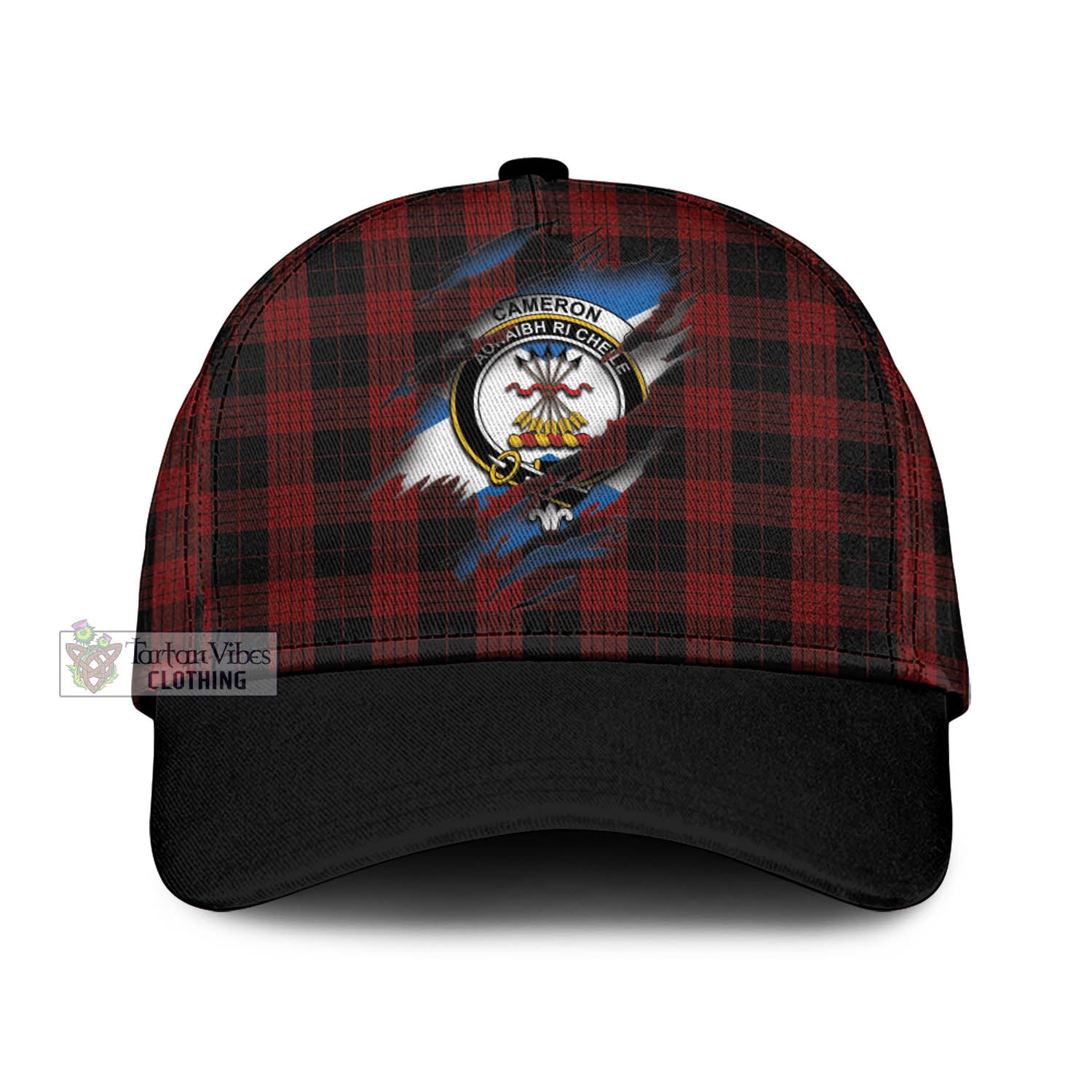 Tartan Vibes Clothing Cameron Black and Red Tartan Classic Cap with Family Crest In Me Style