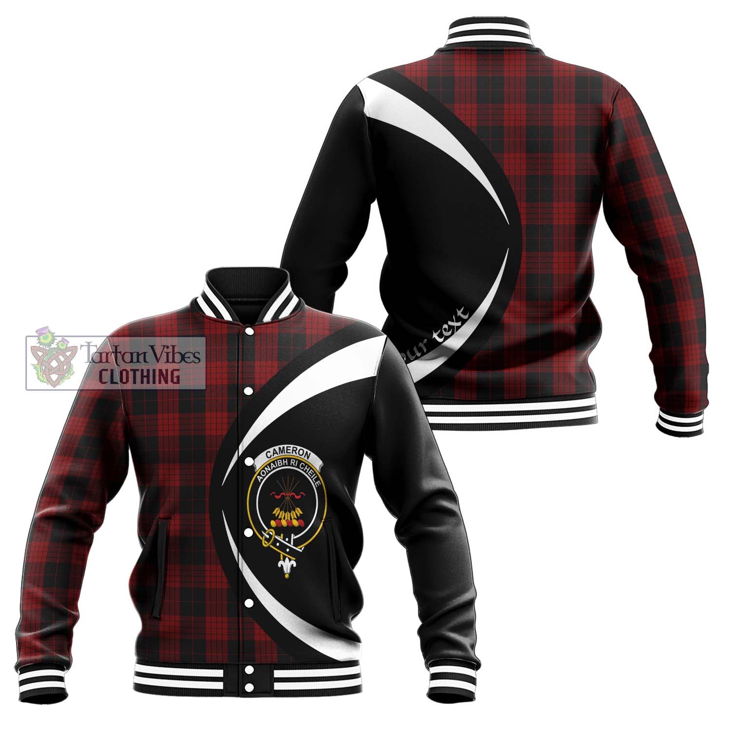 Cameron Black and Red Tartan Baseball Jacket with Family Crest Circle Style Unisex - Tartan Vibes Clothing