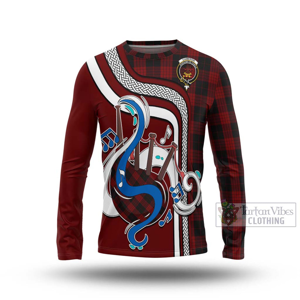 Tartan Vibes Clothing Cameron Black and Red Tartan Long Sleeve T-Shirt with Epic Bagpipe Style