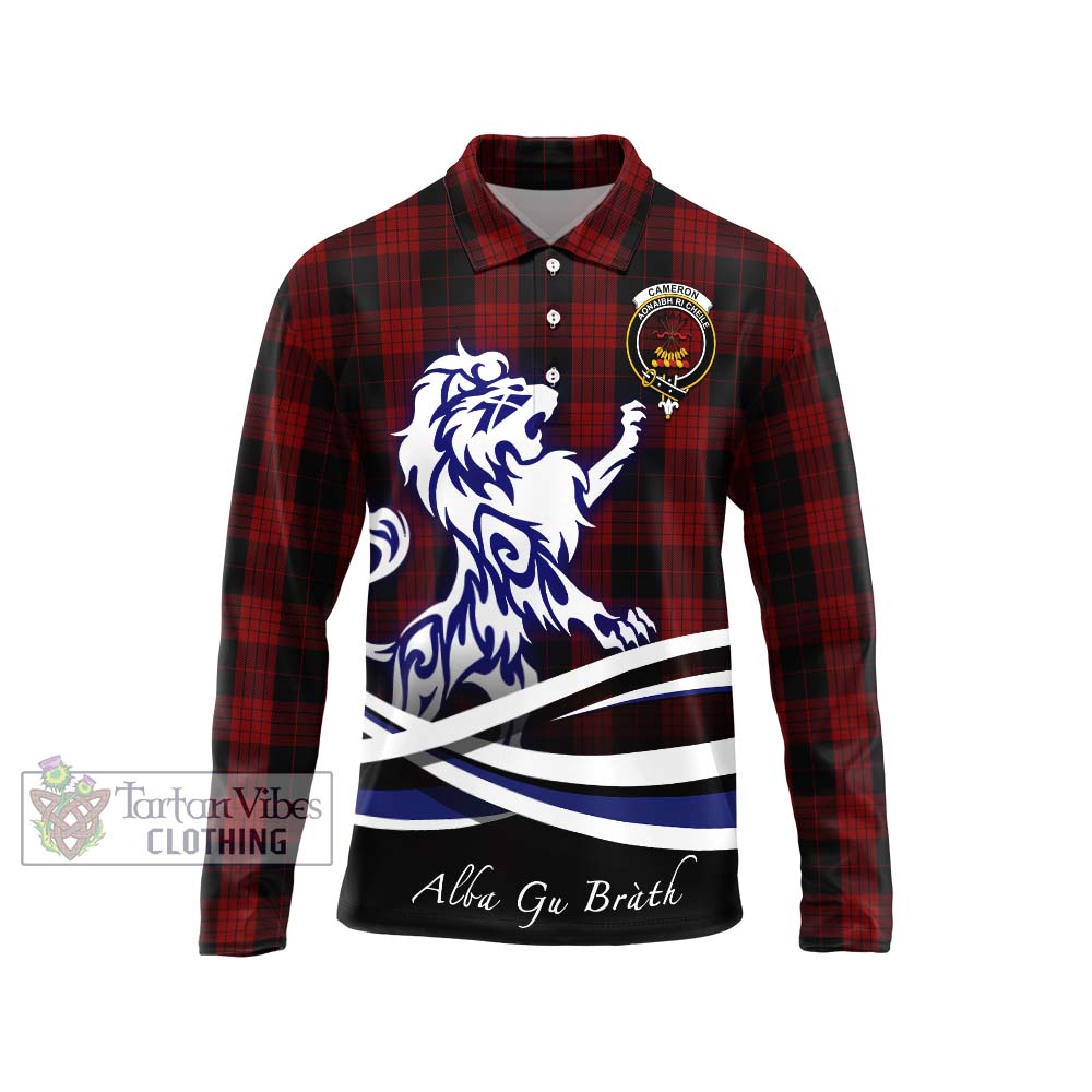 Cameron Black and Red Tartan Long Sleeve Polo Shirt with Alba Gu Brath Regal Lion Emblem Unisex - Tartanvibesclothing Shop