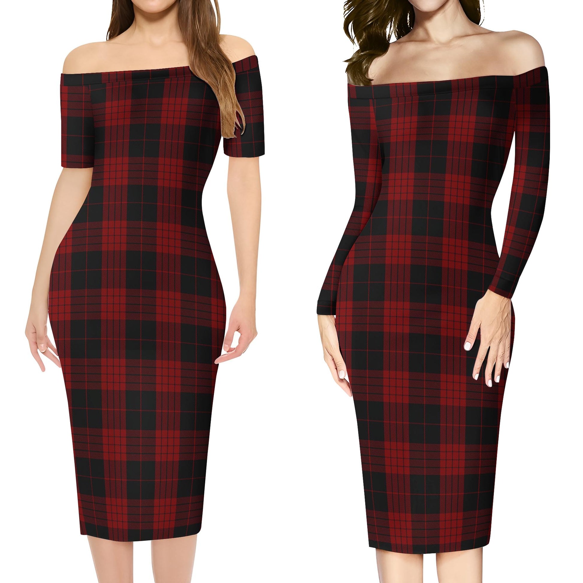 Cameron Black and Red Tartan Off Shoulder Lady Dress Women's Dress - Tartanvibesclothing