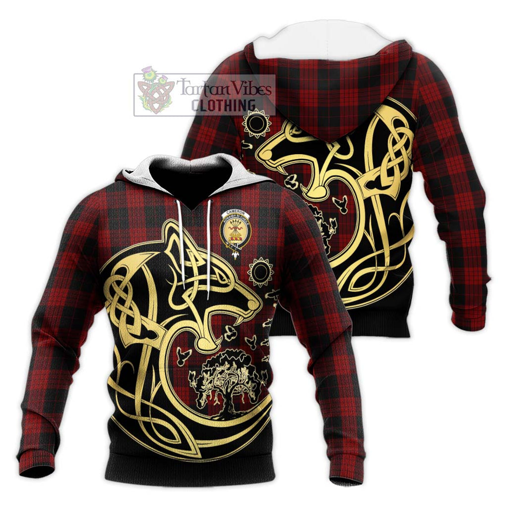 Cameron Black and Red Tartan Knitted Hoodie with Family Crest Celtic Wolf Style Unisex Knitted Pullover Hoodie - Tartan Vibes Clothing