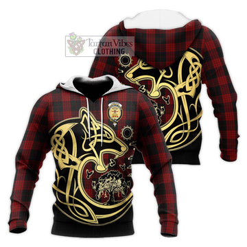 Cameron Black and Red Tartan Knitted Hoodie with Family Crest Celtic Wolf Style