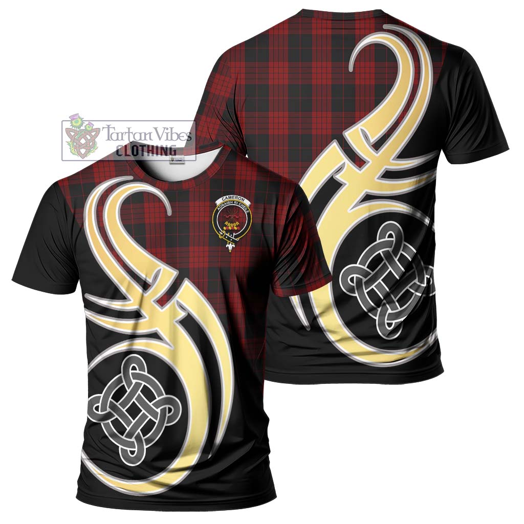 Tartan Vibes Clothing Cameron Black and Red Tartan T-Shirt with Family Crest and Celtic Symbol Style