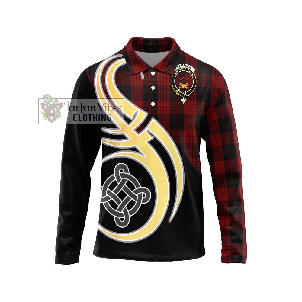 Cameron Black and Red Tartan Long Sleeve Polo Shirt with Family Crest and Celtic Symbol Style Unisex - Tartan Vibes Clothing