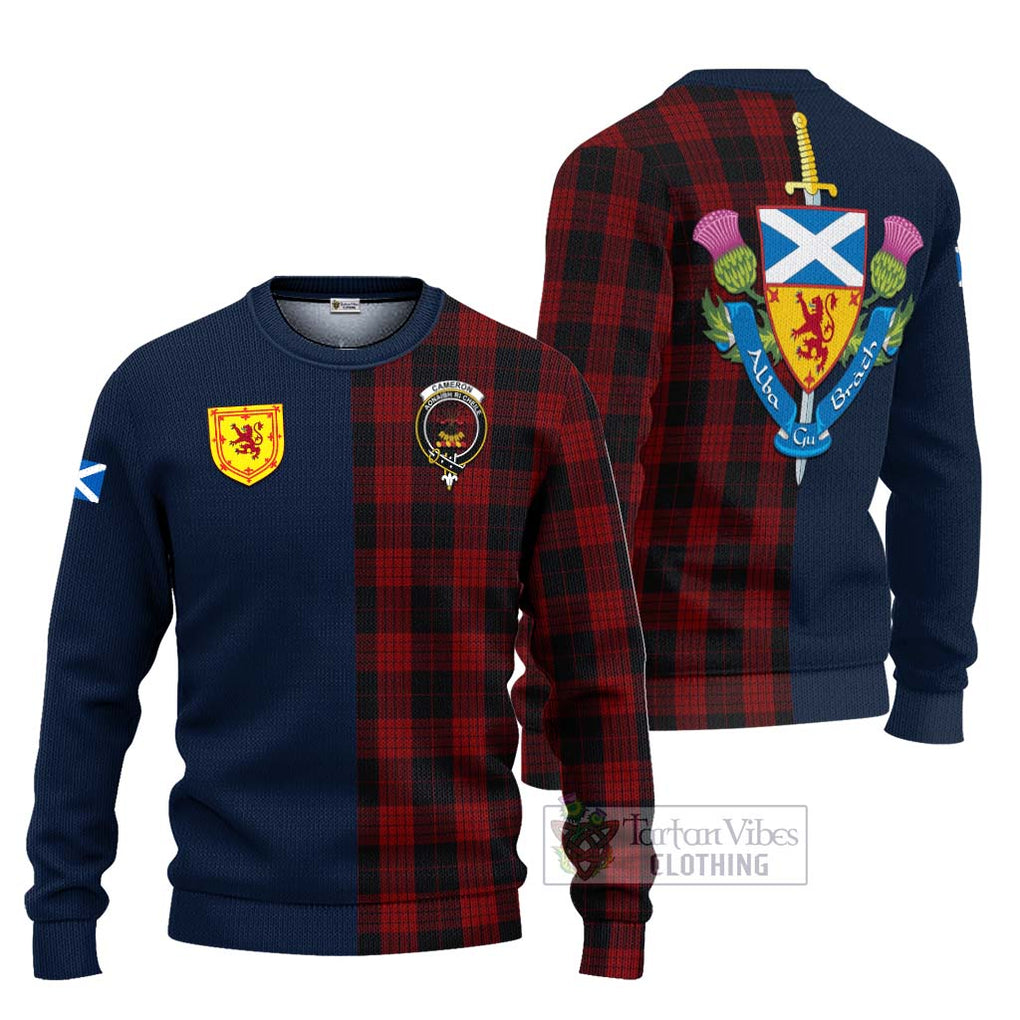 Tartan Vibes Clothing Cameron Black and Red Tartan Knitted Sweater with Scottish Lion Royal Arm Half Style