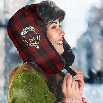 Cameron Black and Red Tartan Winter Trapper Hat with Family Crest