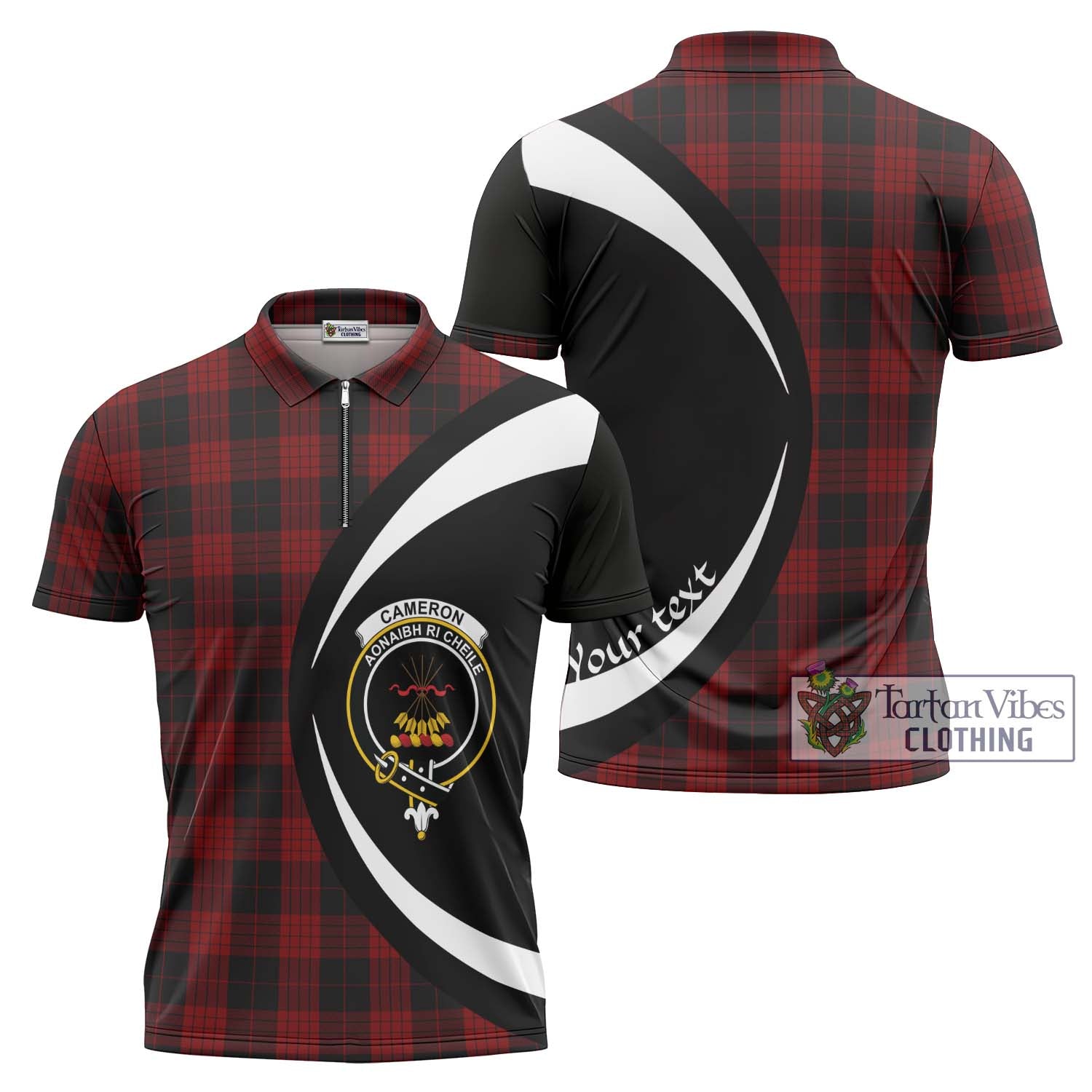 Tartan Vibes Clothing Cameron Black and Red Tartan Zipper Polo Shirt with Family Crest Circle Style