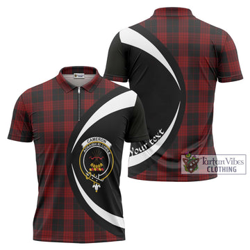 Cameron Black and Red Tartan Zipper Polo Shirt with Family Crest Circle Style