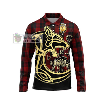 Cameron Black and Red Tartan Long Sleeve Polo Shirt with Family Crest Celtic Wolf Style