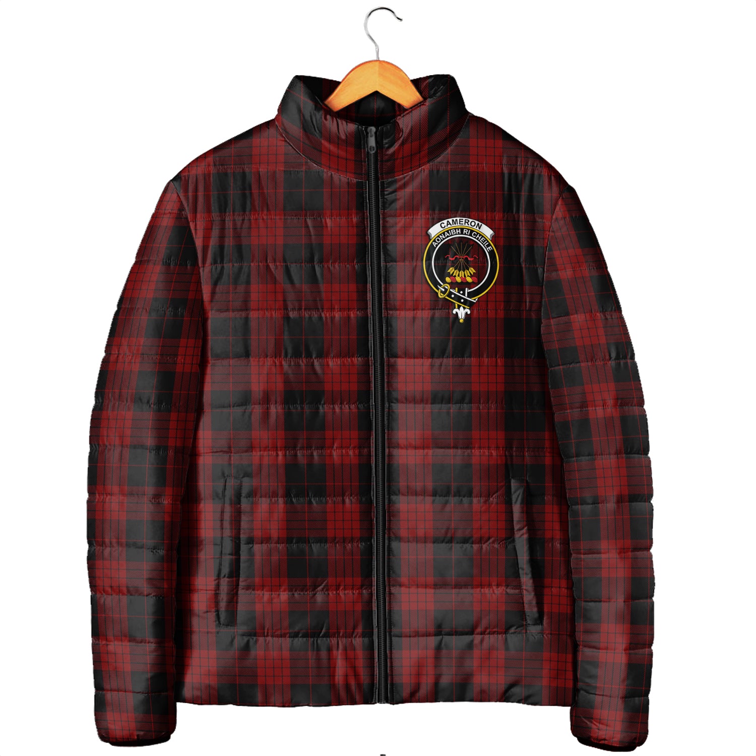 Cameron Black and Red Tartan Padded Jacket with Family Crest Men's Padded Jacket - Tartan Vibes Clothing