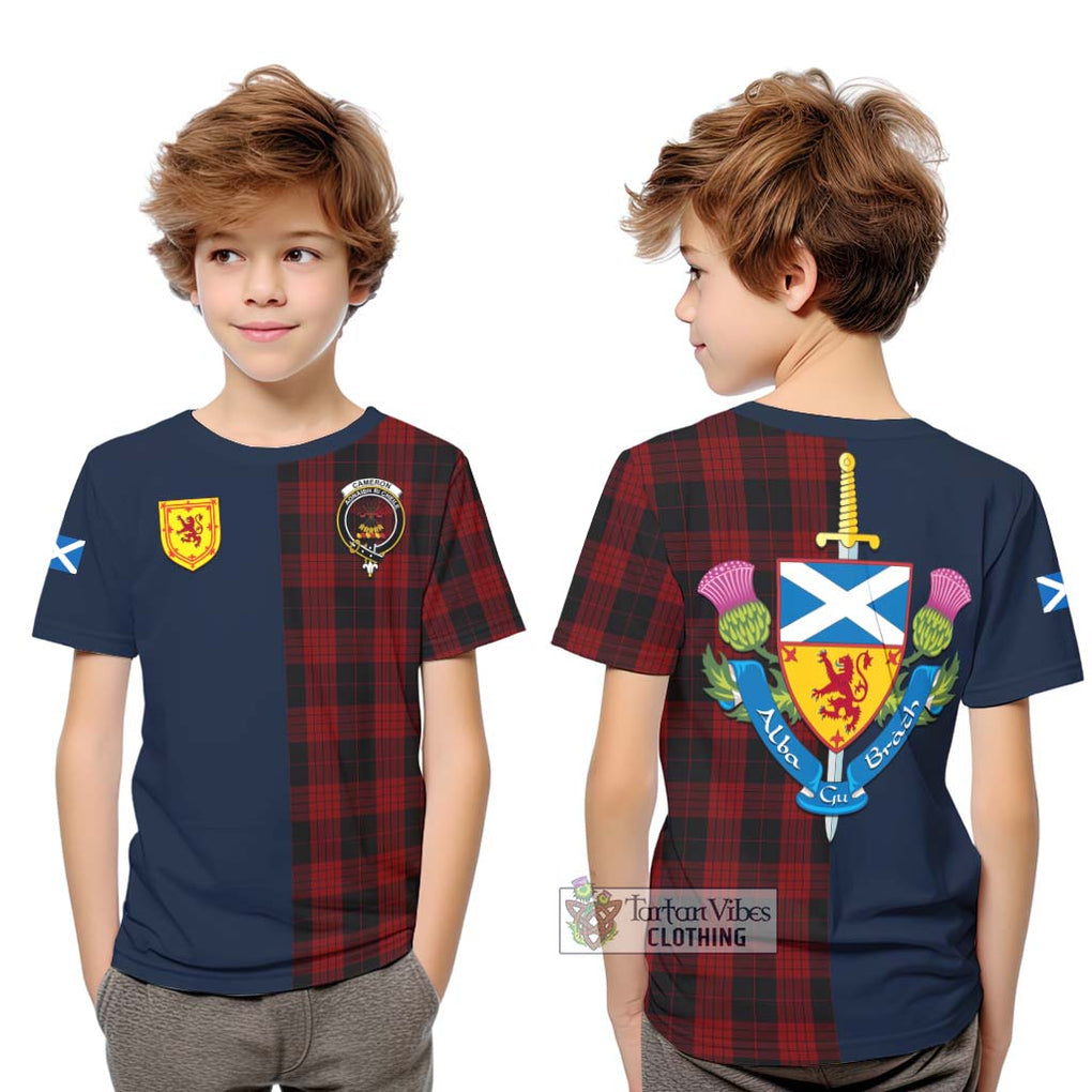 Tartan Vibes Clothing Cameron Black and Red Tartan Kid T-Shirt with Scottish Lion Royal Arm Half Style