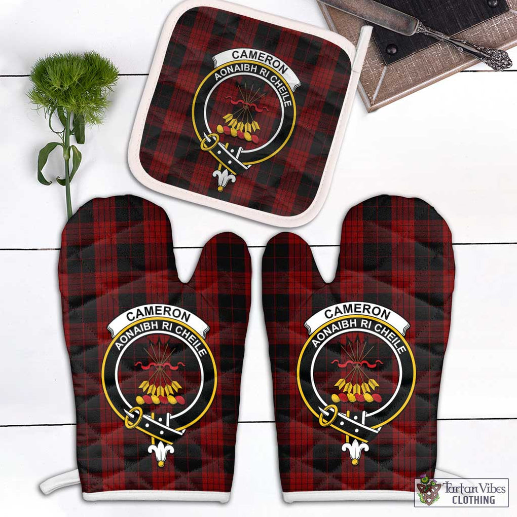 Cameron Black and Red Tartan Combo Oven Mitt & Pot-Holder with Family Crest Combo 1 Oven Mitt & 1 Pot-Holder White - Tartan Vibes Clothing