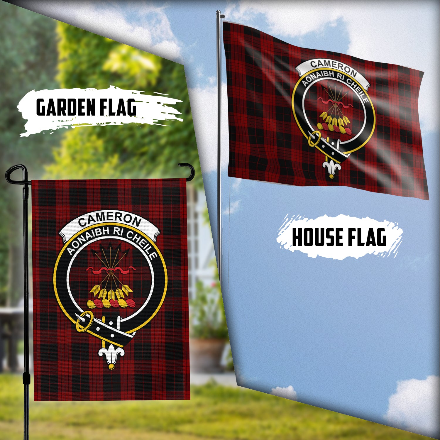 Cameron Black and Red Tartan Flag with Family Crest Garden Flag (Vertical) - Tartan Vibes Clothing