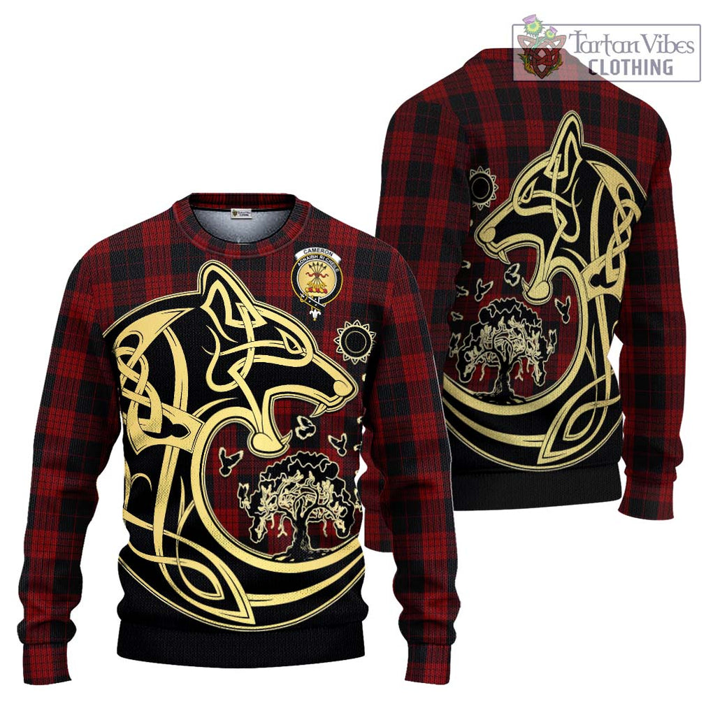 Cameron Black and Red Tartan Knitted Sweater with Family Crest Celtic Wolf Style Unisex - Tartan Vibes Clothing