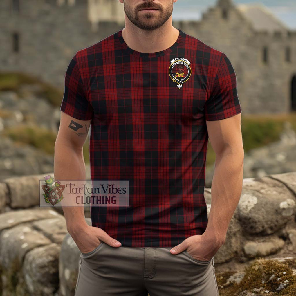 Cameron Black and Red Tartan Cotton T-Shirt with Family Crest Men's Shirt - Tartanvibesclothing Shop