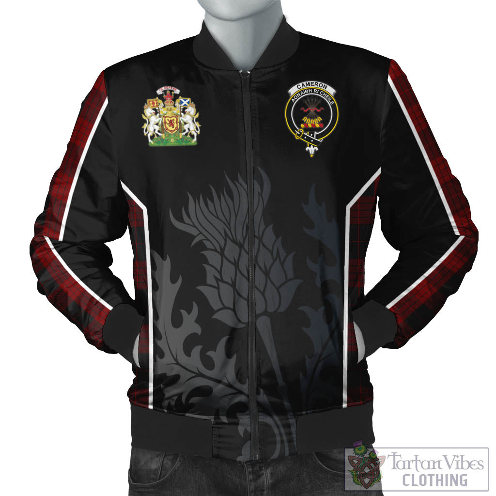 Tartan Vibes Clothing Cameron Black and Red Tartan Bomber Jacket with Family Crest and Scottish Thistle Vibes Sport Style