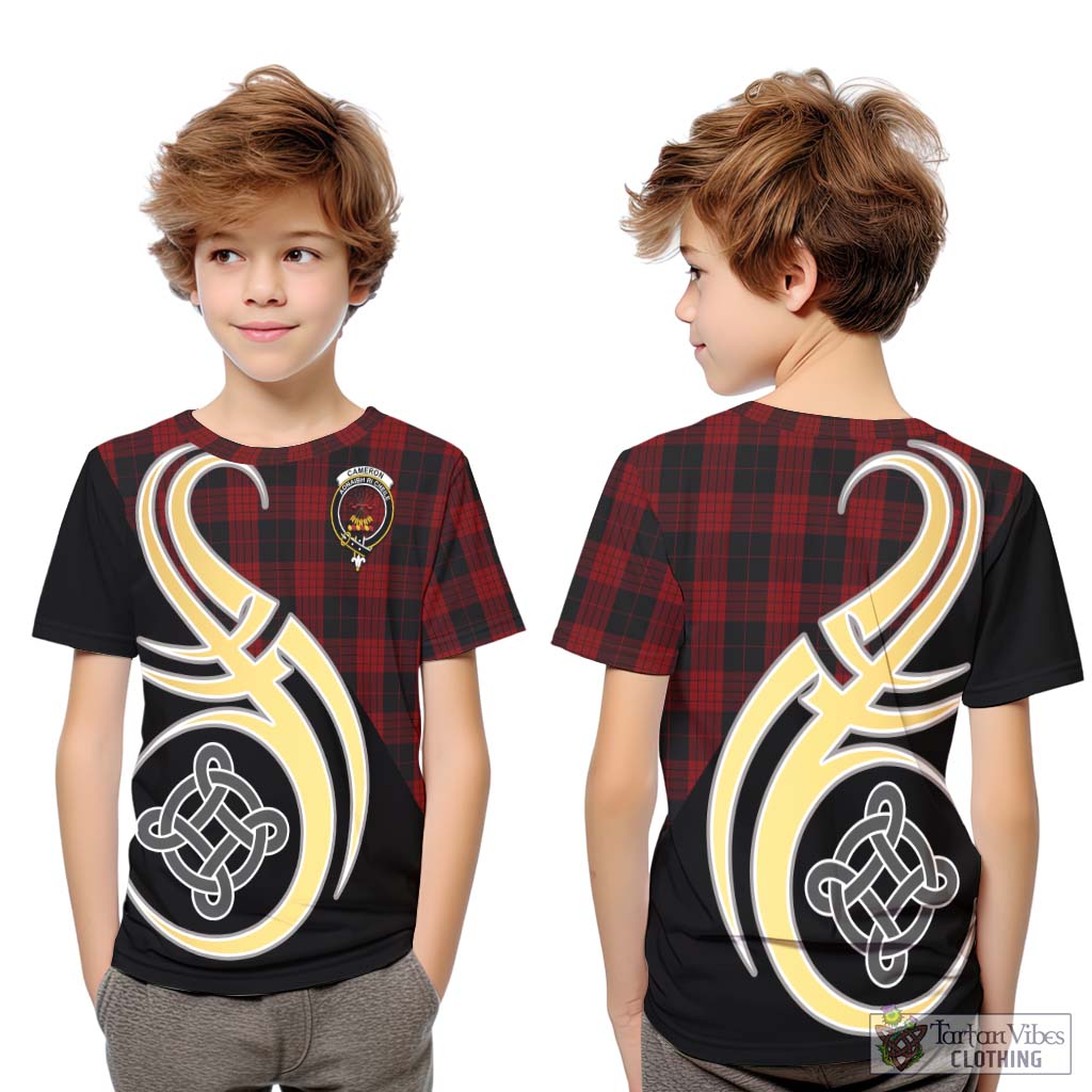 Cameron Black and Red Tartan Kid T-Shirt with Family Crest and Celtic Symbol Style Youth XL Size14 - Tartan Vibes Clothing