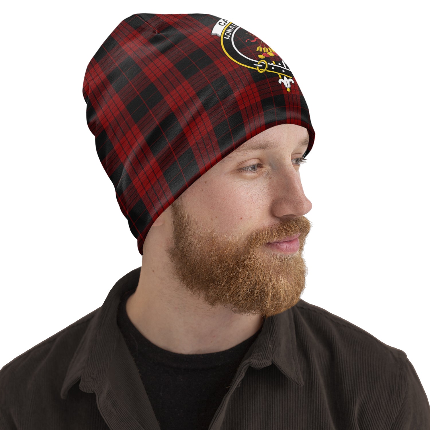 Cameron Black and Red Tartan Beanies Hat with Family Crest One Size 10.5*10.2 inches - Tartan Vibes Clothing