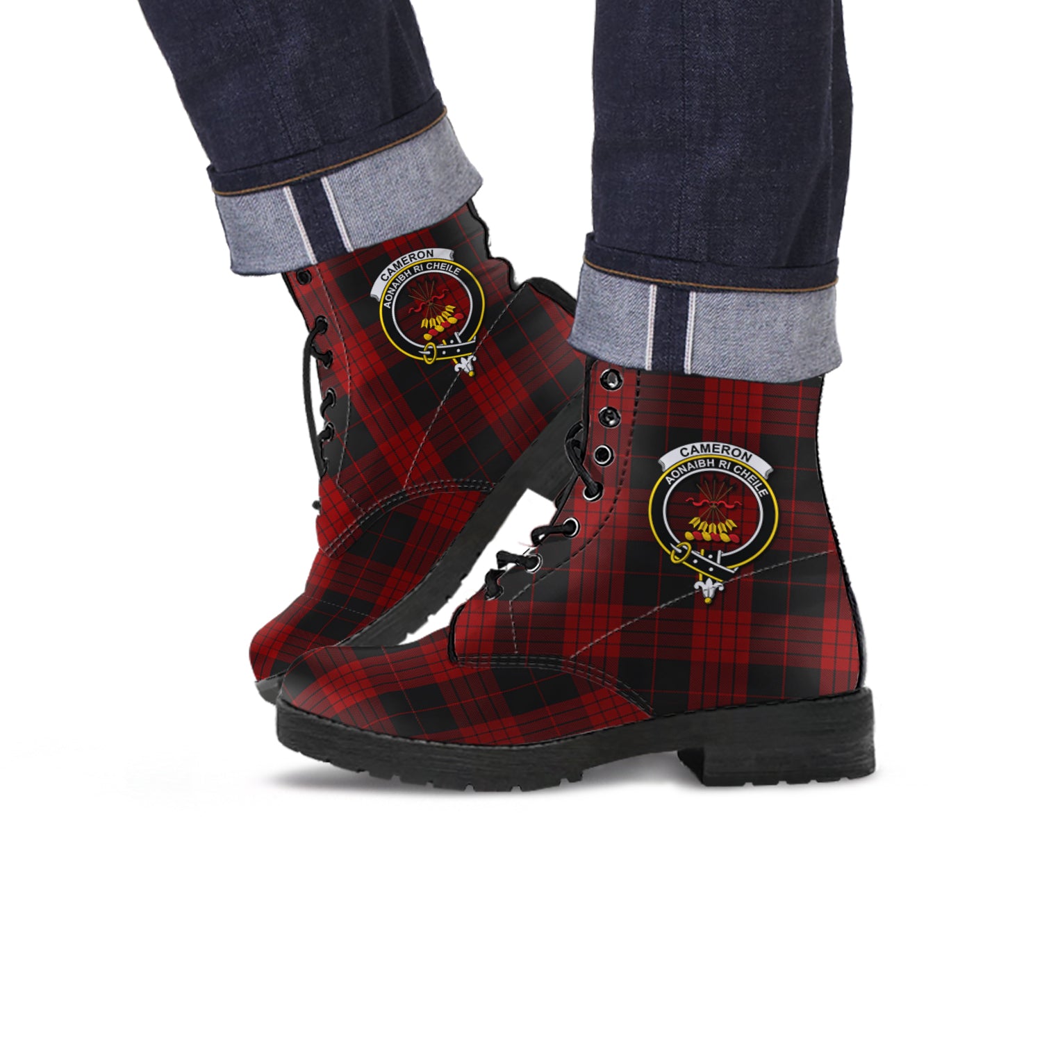 cameron-black-and-red-tartan-leather-boots-with-family-crest