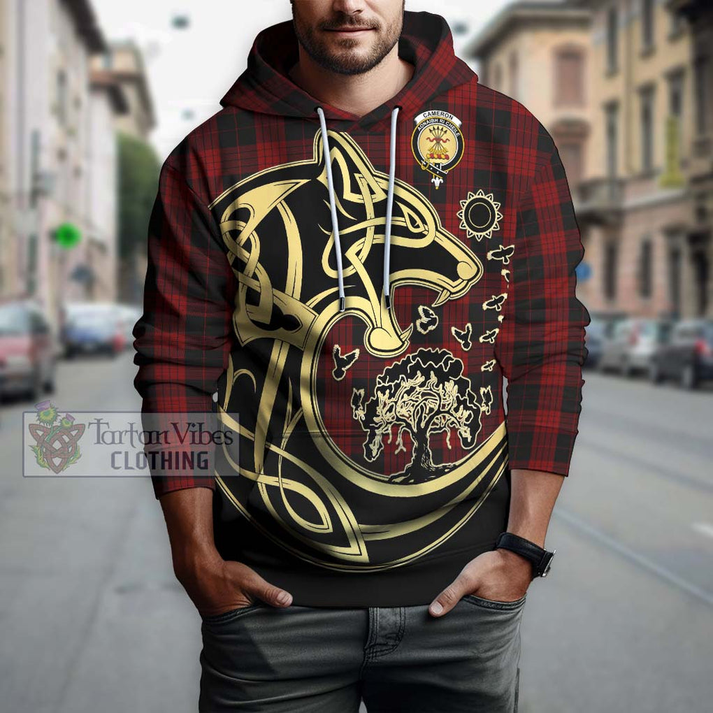 Cameron Black and Red Tartan Hoodie with Family Crest Celtic Wolf Style Zip Hoodie - Tartan Vibes Clothing