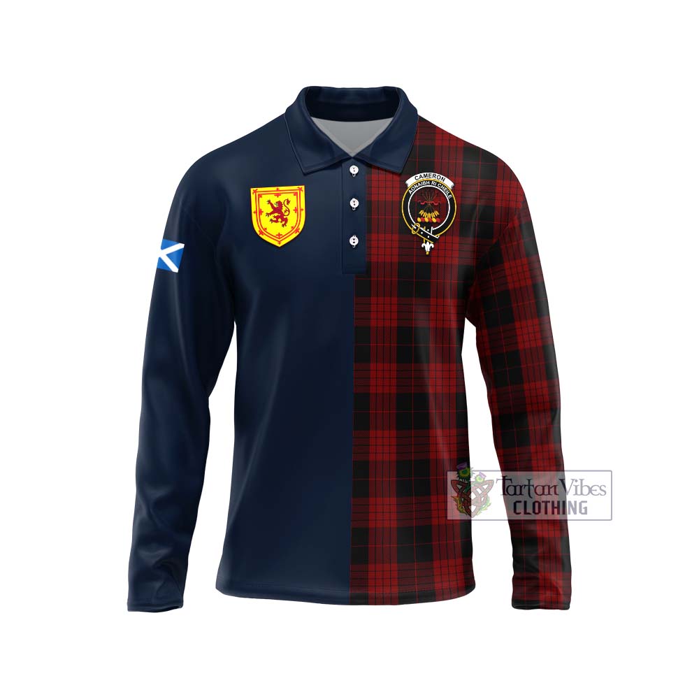 Tartan Vibes Clothing Cameron Black and Red Tartan Long Sleeve Polo Shirt with Scottish Lion Royal Arm Half Style