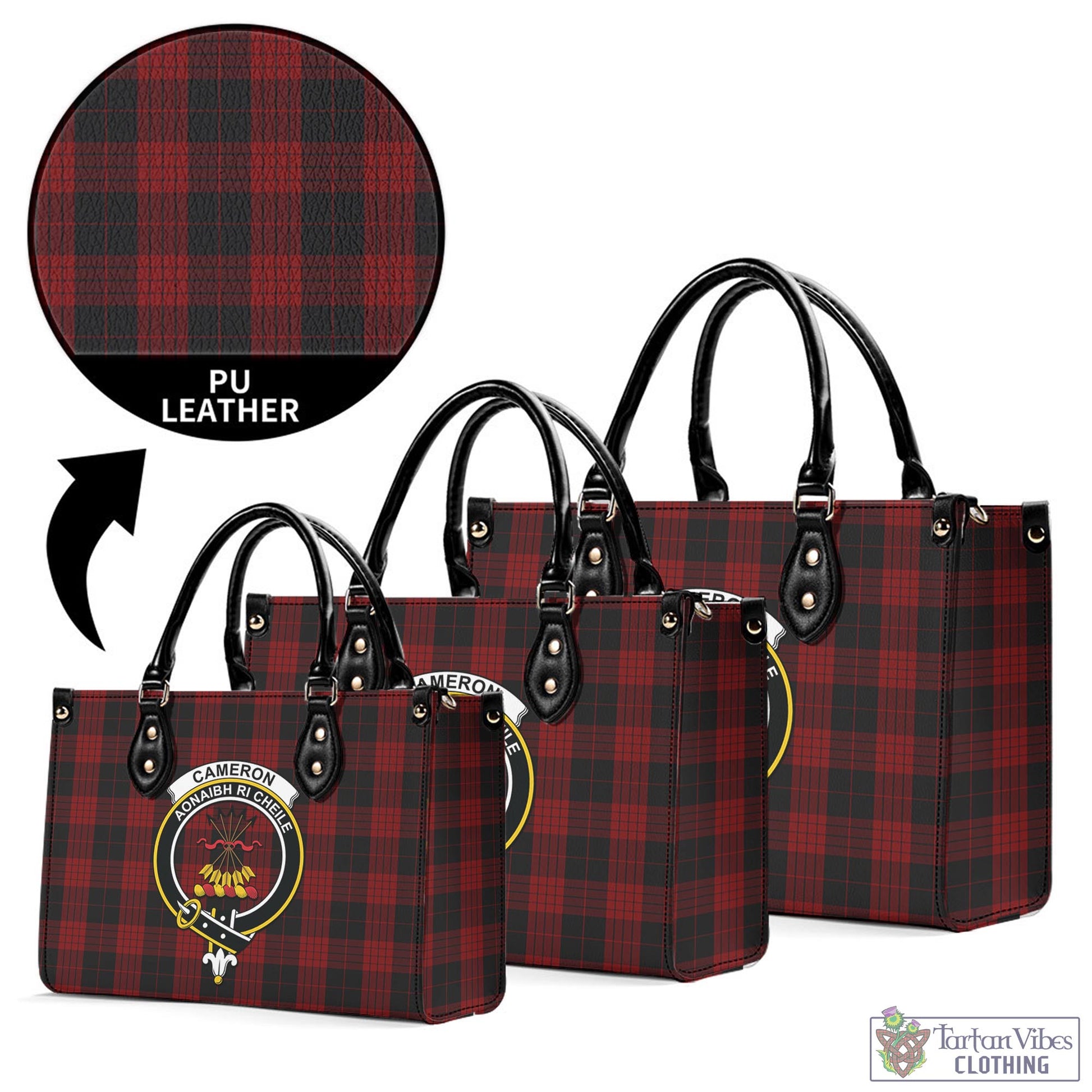 Tartan Vibes Clothing Cameron Black and Red Tartan Luxury Leather Handbags with Family Crest