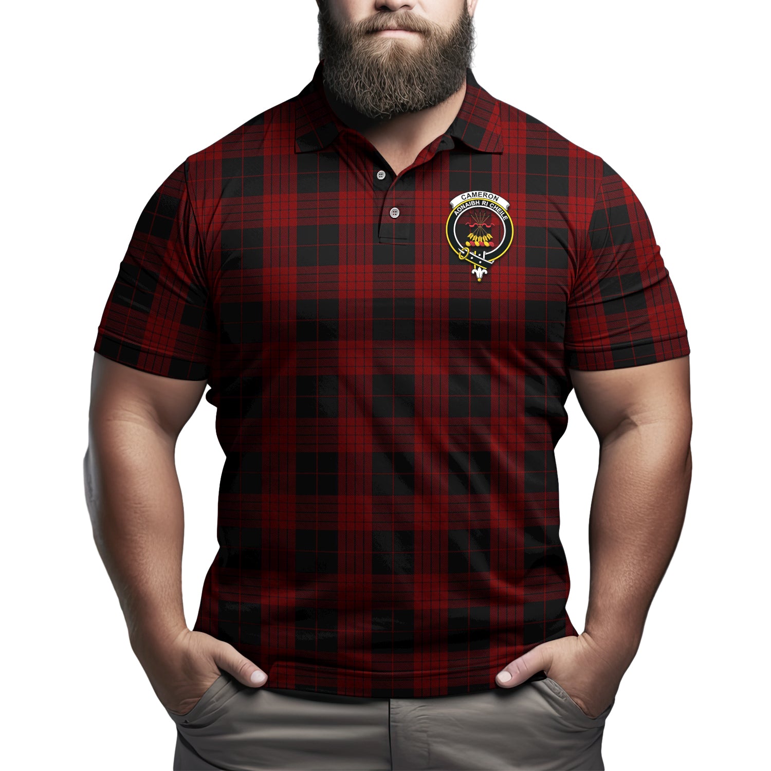 Cameron Black and Red Tartan Men's Polo Shirt with Family Crest Kid - Tartan Vibes Clothing