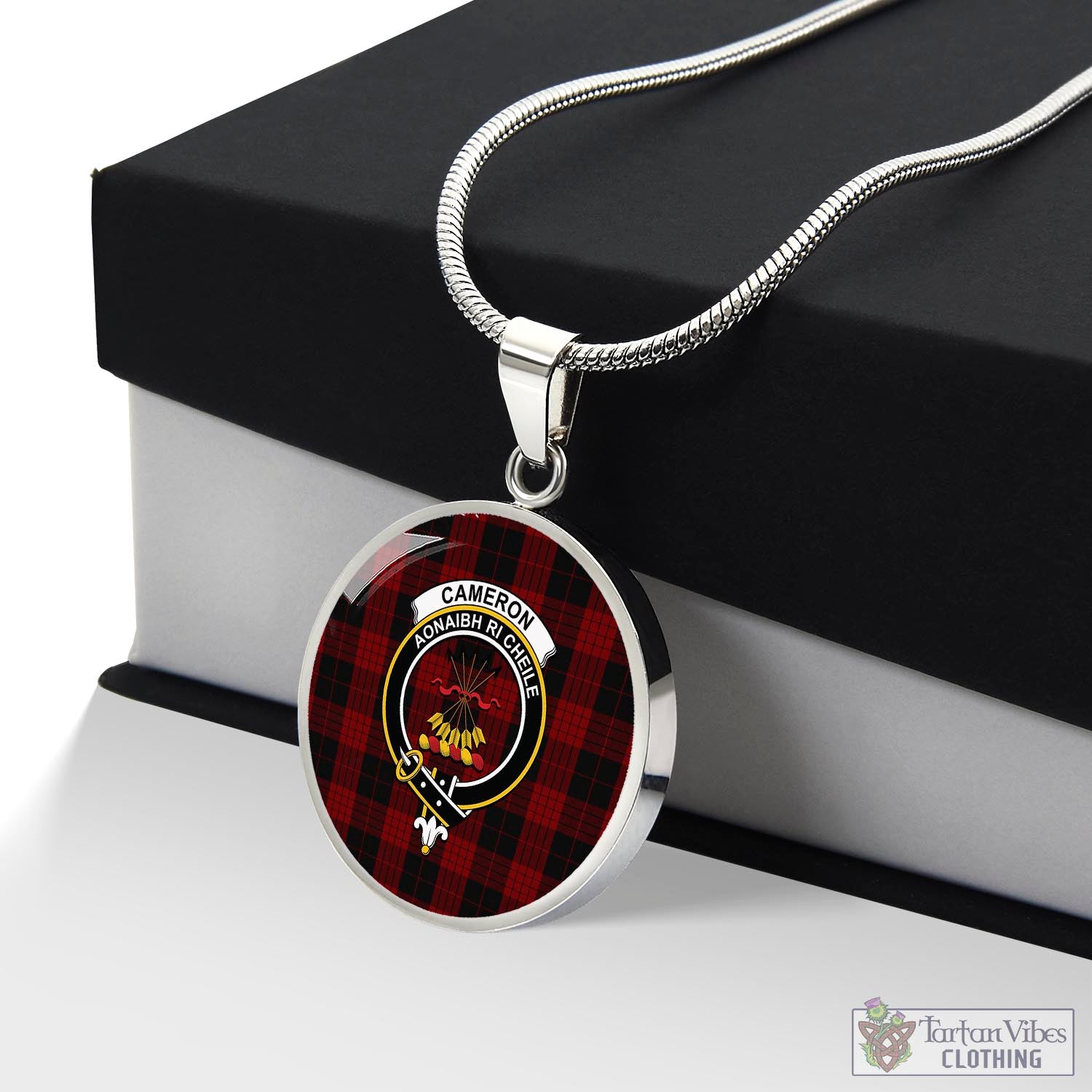 Tartan Vibes Clothing Cameron Black and Red Tartan Circle Necklace with Family Crest