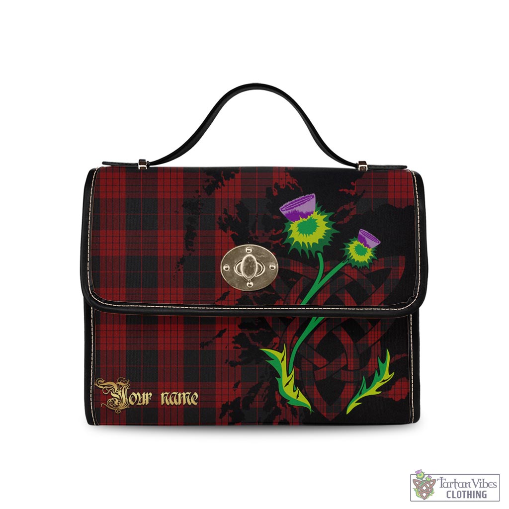 Tartan Vibes Clothing Cameron Black and Red Tartan Waterproof Canvas Bag with Scotland Map and Thistle Celtic Accents